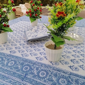 Teal Grey and White Floral Indian Hand Block Printed Cotton Tablecloth, Border design Table cover, Table Linen, Housewarming Gift