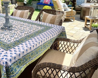 Indigo Blue Floral Tablecloth: Hand Block Printed Cotton Table Cover