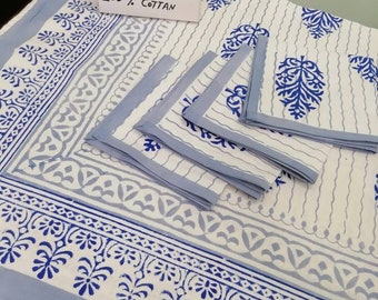 Indigo Blue Tablecloth Flower Design Hand block Printed Table Cloths Cotton Table Cloth With 4 Piece Napkin Set Table Cover 45" x 45 " Inch.
