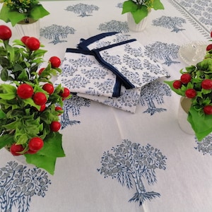 Cerulean Blue and White Hand Block Print Table Cloth, Table Cover, India Print Table Linen, Christmas Gift, Custom Table Cloth, Gift for Her
