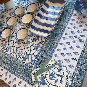 Olive Green Table cloth Blue and White Table Cloth, Hand Block Print Table Cloth, Block Print Table Cover, Dinning Table Cover Thanks Giving