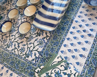 Olive Green Table cloth Blue and White Table Cloth, Hand Block Print Table Cloth, Block Print Table Cover, Dinning Table Cover Thanks Giving