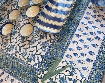 Olive Green Blue Floral Indian Farmhouse Dining Cover Hand Block Print Cotton Tablecloth |