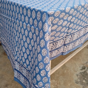 Indigo Blue Table Cloth Paisley Design Print Hand Block Printed Home Stead Table Cloths Cotton Napkins Table Cover Dinning Table Cover