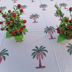Green With Red Color Flower Design Hand Block Printed Home Stead Table Cloths Cotton With Napkins Table Cover 6 Piece "60x90" Inch.