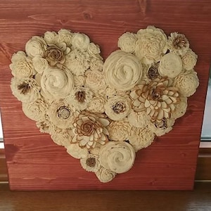 Cherry stained wood heart board, sola, wood flowers 16x16, sola flower heart, sola heart board, wood flower heart, Floral heart wedding
