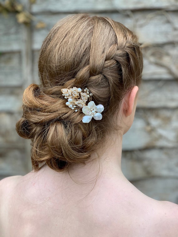 Maya Gold Flower Bridal Hair Clip Pearl Hair Pieces Wedding Etsy
