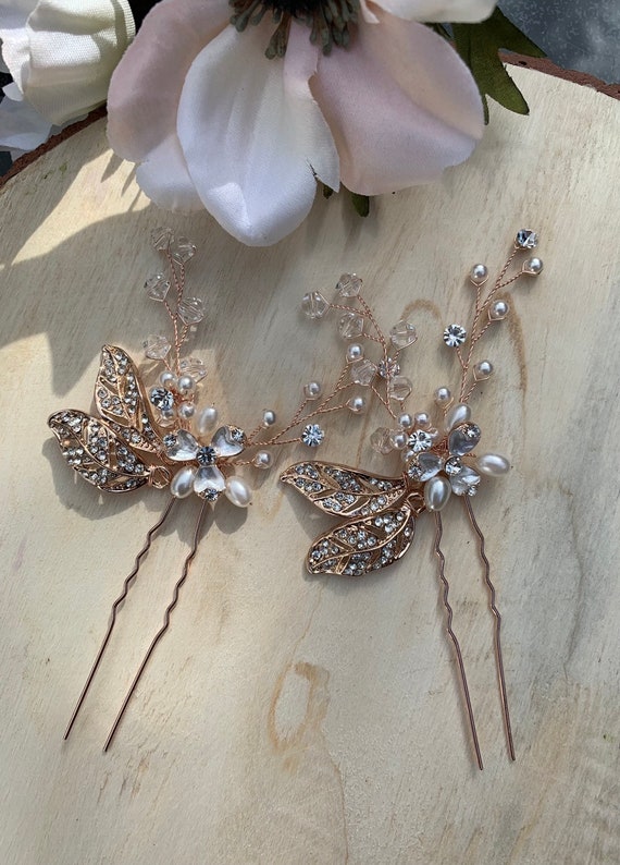 Rosaline Rose Gold 2pc Hair Pins Wedding Hair Pins Rose Gold Etsy