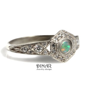 Natural white fire opal and cz silver engagement ring, unique alternative opal hexagon geometric milgrain women gemstones promise opal ring