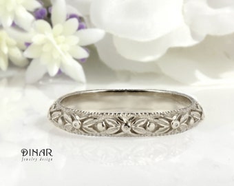 Floral vintage inspired sterling silver womens flowers ring, hand engraved antique flowers art nouveau leaves pattern thin wedding ring