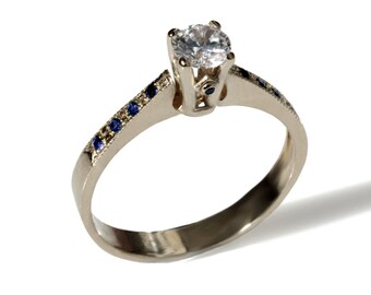4mm natural diamond solitaire engagement ring 14k 18k solid gold, natural diamond and blue sapphires ring, simple thin stack engagement ring