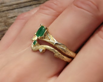 Twig bridal set ,emerald solitaire branch engagement ring set 14k gold, branch bridal set , nature inspired alternative curved wedding ring