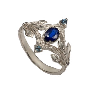 Anel de prata com galhos de folhas de safira azul, anel de prata esterlina com galhos de folhas de safira oval e topázio azul