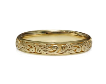 Leaves wedding ring band , women nature inspired stack thin ring, botanical art deco leaf patterned 14k 18k solid gold wedding band