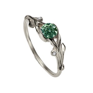 Leaves engagement ring green sapphire white diamonds, 14k / 18k solid gold handmade nature inspired leaf's gemstone promise ring