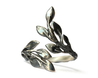 Leaves sterling silver ring, oxidized dark silver leaf's branch ring, tree branch black twig silver fashion ring