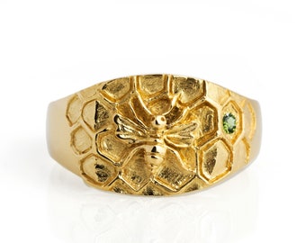 Anillo de sello de abeja, anillo de abeja en forma de panal bañado en plata u oro, anillo de plata con abeja, anillo bañado en oro con abejorro, anillo hecho a mano con abeja