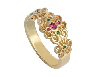 Filigree lace gold ring ,lace gold ring, filigree boho ethnical ring, ruby emerald filigree ring, Indian 14k yellow rose gold filigree ring