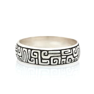 Aztec silver ring ,tribal Silver wedding ring, ancient Mayan oxidized silver ring , ancient geometric patterned silver men band