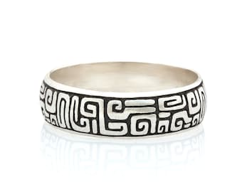 Aztekisk silverring, tribal silvervigselring, forntida Maya-oxiderad silverring, forntida geometriskt mönstrad silverring för män