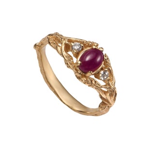 Leaves ruby engagement ring, leaf's gemstone ring purplish-red natural oval cabochon ruby ring and genuine diamonds 14k / 18k solid gold