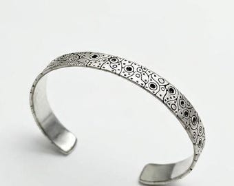 Sterling silver cuff bangle Bracelet, engraved industrial men Bangle Bracelet , steampunk open cuff silver Bracelet, adjustable cuff bangle