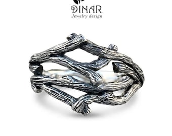 Anello in argento sterling a ramo largo, anello in argento a forma di ramo d'albero attorcigliato, anello nuziale elfico in argento a forma di bosco, largo e alternativo.