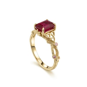 Celtic knot Ruby branch ring, Natural Ruby Celtic twig proposal engagement ring, Celtic knot rectangle ruby & diamonds 14k solid gold ring