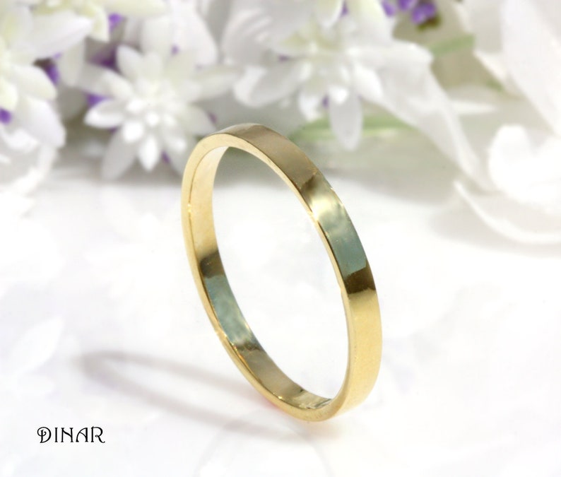 18k solid gold thin smooth high polish flat stack wedding ring simple classic Plain gold women ring minimalist stackable mens wedding ring