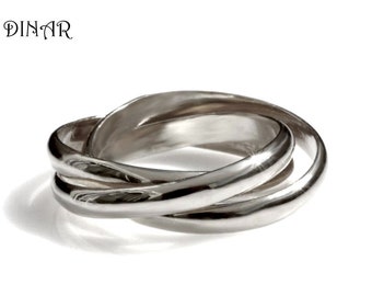 Silver ring Three 3mm interlocking rings overlapping eternity wedding ring , sterling rolling trio simple smooth classic men rings