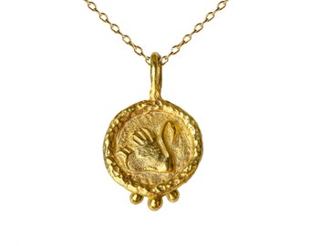 Vintage swan antique charm pendant, vintage style engraved circle round pendant 14k 18k 22k solid gold , sterling silver gold plated charm