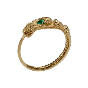 Snake 14k gold ring , ancient style snake natural emerald stacking ring , serpent solitaire gemstone gold ring, handmade animal snake ring,
