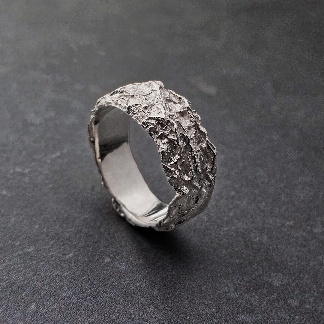 Silver Wide Rustic Chunky Men Wedding Ring Band, Hammered Thick Rough ...