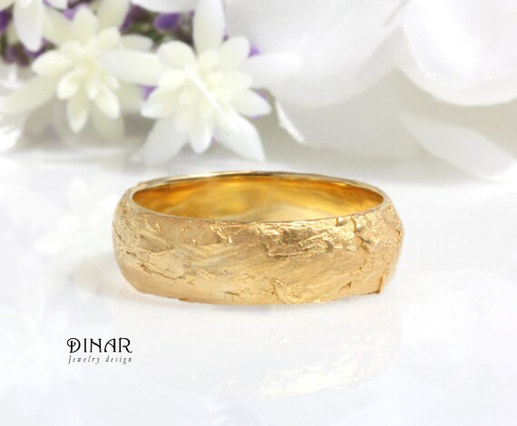 18k Organic Textured Gold Wedding Ring Half Round Rustic Etsy