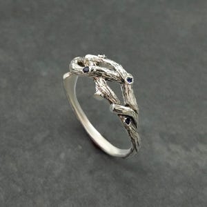 Twisted twig branch blue gemstones silver ring , tree branches sterling silver ring nature inspired