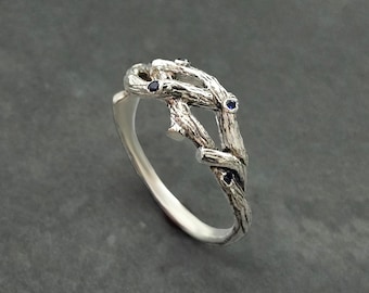 Twisted twig branch blue gemstones silver ring , tree branches sterling silver ring nature inspired