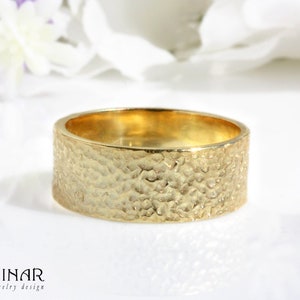 14k gold hammered rustic men wedding band, 7mm handcrafted classic textured band ring , handmade texture solid gold wedding ring
