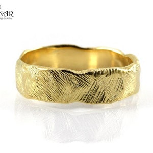 Hammered 14k gold rustic textured men wedding ring , asymmetric organic style hammered handmade gold man wedding band