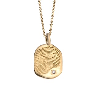 Personalized  finger print 14k solid gold necklace hand engraved organic rustic rectangle pendant set with diamond