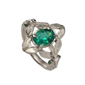 Silver emerald leaves twig ring, branch silver engagement ring, oval green emerald twig and leaves gemstone sterling silver women ring