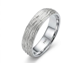 Silver wood bark band ring for men, woodgrain rustic branch textured sterling silver women wedding tree bark ring