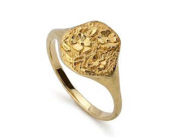 Flowers signet ring, floral gold signet ring for women, engraved flowers 9k 14k 18k solid gold ring, sterling silver flowers signet ring