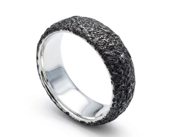Rustic black silver men ring, raw organic black silver thick ring band, half round textured silver ring,  oxidized sterling silver men band