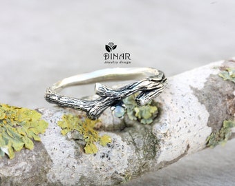 Oxidized silver twig ring, tree branch silver rustic wedding ring with tiny opal ,alternative nature inspired silver twigs women's ring