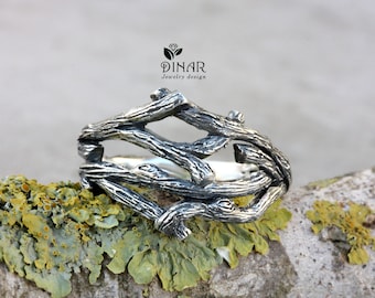 Sterling silver wide branch ring, twisted tree branch twigs silver ring, wide alternative woodland elvish silver wedding ring
