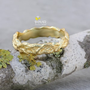 14k Gold rustic tree bark wedding ring, tree twigs solid gold nature ring , handmade unique gold twigs nature inspired band