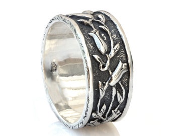 Wide oxidized leaves silver ring, black silver floral leafs woodland sterling silver ring band for men and women