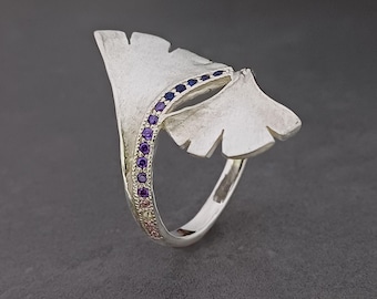 Ginkgoblatt Silberring. Ginkgo Ring, Blattsilberring, Regenbogen Edelsteine Silberring, Ginkoblätter Blattsilberring, Blattsilberring