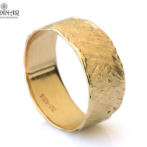 Hammered texture wide gold men&#39;s gold wedding ring , handmade rustic style women&#39;s wedding band melted edges 14k solid gold