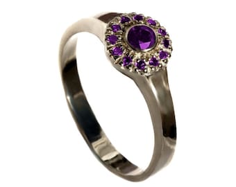Purple amethyst 14k gold vintage halo ring, natural amethyst gemstone engagement ring, february birthstone anniversary jewelry